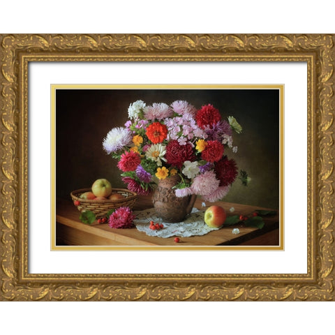 Still Life With A Bouquet Of Flowers And Apples Gold Ornate Wood Framed Art Print with Double Matting by Skorokhod, Tatyana