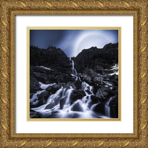 Moonrise At The Waterfall Gold Ornate Wood Framed Art Print with Double Matting by Muqa, Burim