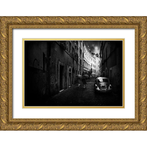 Car On The Alley Gold Ornate Wood Framed Art Print with Double Matting by Quaglia, Nicodemo