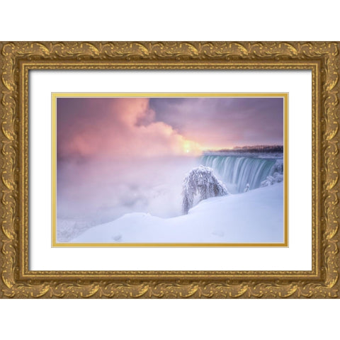 Sunrise At Niagara Falls Gold Ornate Wood Framed Art Print with Double Matting by Deng, Larry