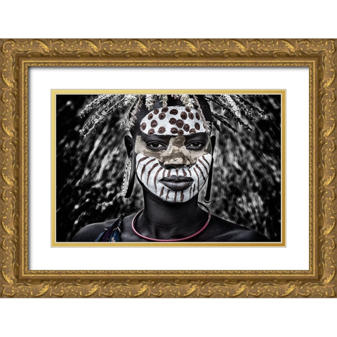 Girl From The Surma Tribe - Ethiopia Gold Ornate Wood Framed Art Print with Double Matting by Inazio Kuesta, Joxe