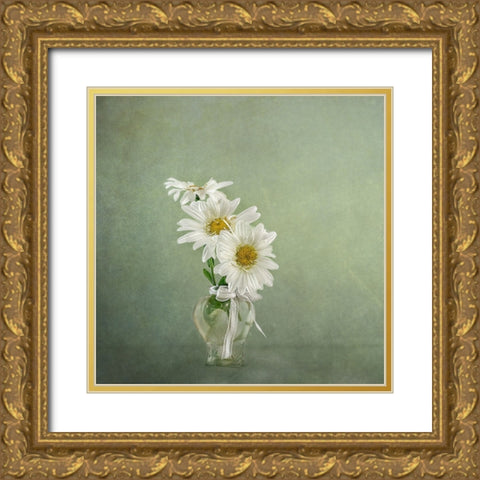 3 White Daisies Gold Ornate Wood Framed Art Print with Double Matting by Gray, Gaille