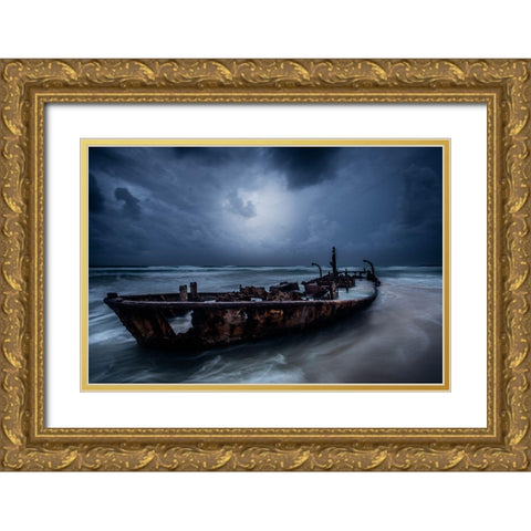 The Old Ship Gold Ornate Wood Framed Art Print with Double Matting by Kazamil, Farid