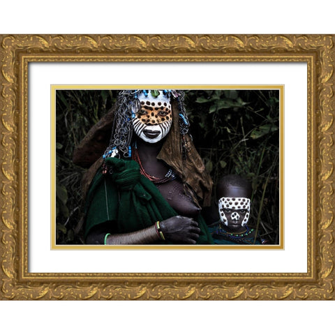Surma Tribe Woman And Her Child - Ethiopia. Gold Ornate Wood Framed Art Print with Double Matting by Inazio Kuesta, Joxe