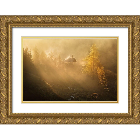 Alpine Church In The Morning Fog Gold Ornate Wood Framed Art Print with Double Matting by Rericha, Daniel