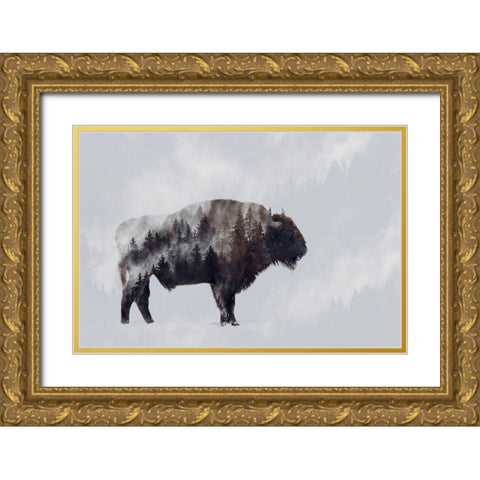 Bison - Double Exposure Gold Ornate Wood Framed Art Print with Double Matting by Beata, Angyalosi