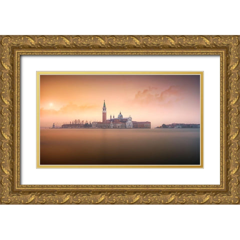 Venice Pink Sunrise Gold Ornate Wood Framed Art Print with Double Matting by Joanaduenas