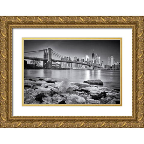 New York - Brooklyn Bridge Gold Ornate Wood Framed Art Print with Double Matting by Froyda, Martin