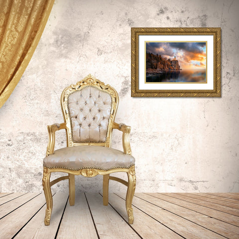 A Cloudy Day At Split Rock Lighthouse Gold Ornate Wood Framed Art Print with Double Matting by He, Like