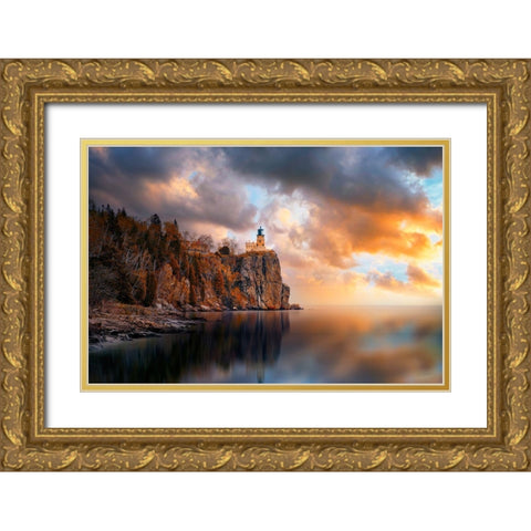 A Cloudy Day At Split Rock Lighthouse Gold Ornate Wood Framed Art Print with Double Matting by He, Like
