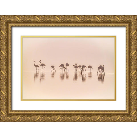 Flamingos In The Mist Gold Ornate Wood Framed Art Print with Double Matting by C. Sink, Jeffrey
