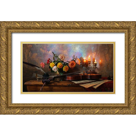 Still Life With Violin And Flowers Gold Ornate Wood Framed Art Print with Double Matting by Morozov, Andrey