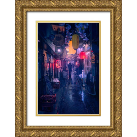 Tokyo Blue Rain Gold Ornate Wood Framed Art Print with Double Matting by De La, Javier