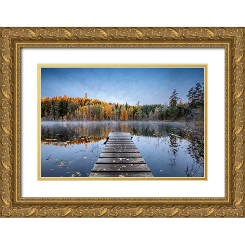 Autumn Pier Gold Ornate Wood Framed Art Print with Double Matting by Keller