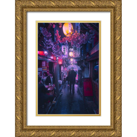 Tokyo Blue Rain Gold Ornate Wood Framed Art Print with Double Matting by De La, Javier