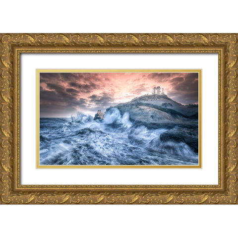 Crashing Sea Cape Kiwanda Gold Ornate Wood Framed Art Print with Double Matting by Deng, Larry