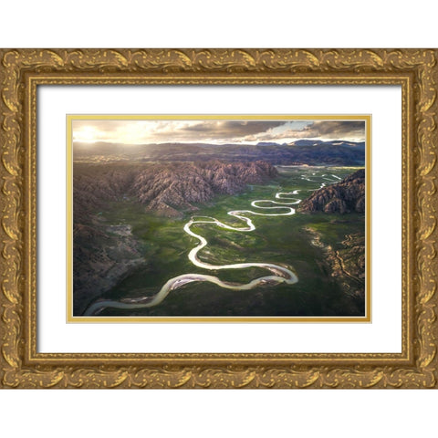 Eighteen Bends Of Waterway Gold Ornate Wood Framed Art Print with Double Matting by Tianqi