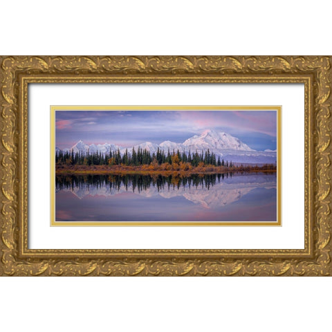 Denali Reflection Gold Ornate Wood Framed Art Print with Double Matting by Zheng, Michael