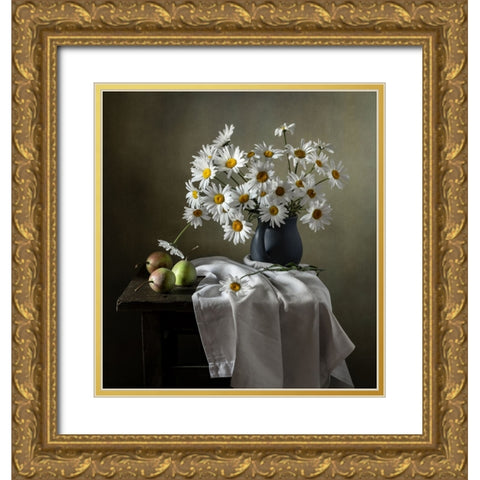 Still Life With Daisies And Pears Gold Ornate Wood Framed Art Print with Double Matting by Aleksandrovna, Olga