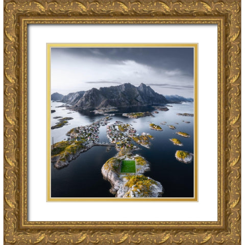 Football Stadium At The End Of The World Gold Ornate Wood Framed Art Print with Double Matting by Ye