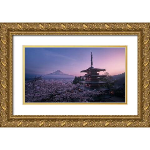 Mt Fuji Sakura Gold Ornate Wood Framed Art Print with Double Matting by De La, Javier