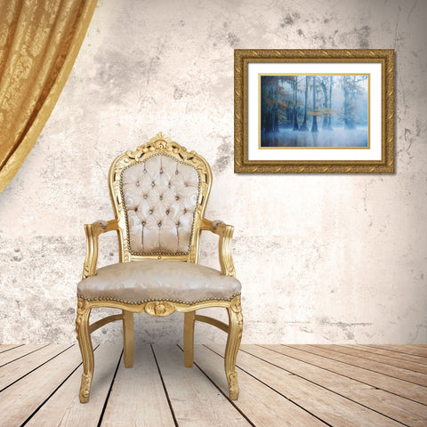 Foggy Swamp Morning Gold Ornate Wood Framed Art Print with Double Matting by H., Aijing