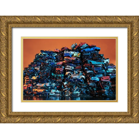 Cars Graveyard Gold Ornate Wood Framed Art Print with Double Matting by Froyda, Martin