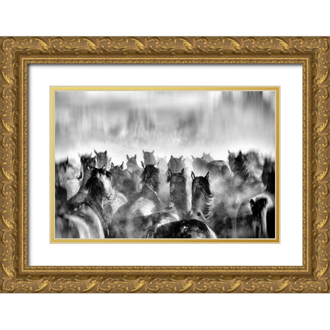 Horses Gold Ornate Wood Framed Art Print with Double Matting by Mete, Gilcan