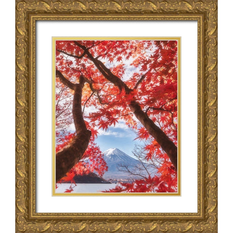 Mt.Fuji Is In The Autumn Leaves Gold Ornate Wood Framed Art Print with Double Matting by Samejima, Makiko