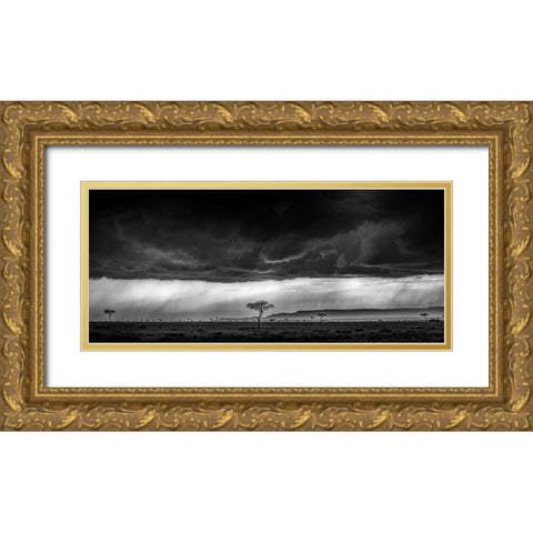 Serengeti Storm - Monochrome Gold Ornate Wood Framed Art Print with Double Matting by C. Sink, Jeffrey