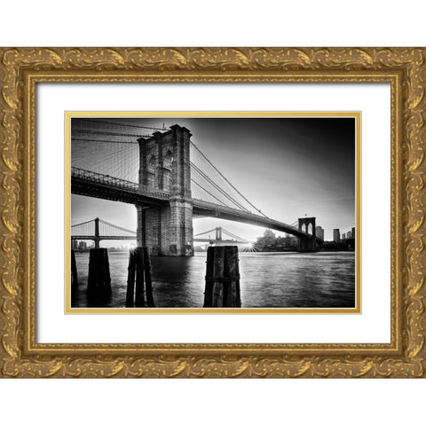 Brooklyn Bridge - Sunrise Gold Ornate Wood Framed Art Print with Double Matting by Froyda, Martin