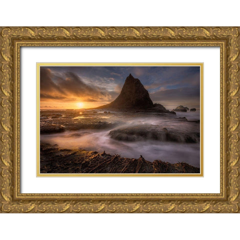 Sunset At Martins Beach After A Winter Storm Gold Ornate Wood Framed Art Print with Double Matting by Howard Liu, Hao