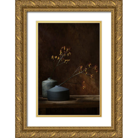 Still Life With Oker Flowers Gold Ornate Wood Framed Art Print with Double Matting by Dingemans, Saskia