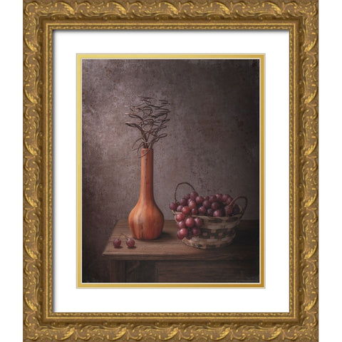 Grapes Gold Ornate Wood Framed Art Print with Double Matting by Perfoncio, Margareth