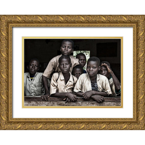Boys At School In Benin Gold Ornate Wood Framed Art Print with Double Matting by Inazio Kuesta, Joxe