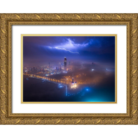 Fog And Lightning In Kuwait City Gold Ornate Wood Framed Art Print with Double Matting by Alnomas, Faisal