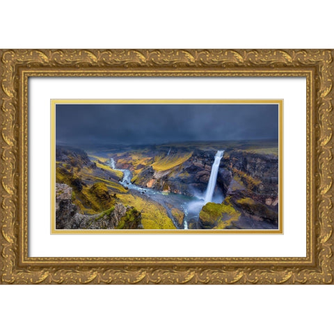Iceland Waterfall Gold Ornate Wood Framed Art Print with Double Matting by Bian, James