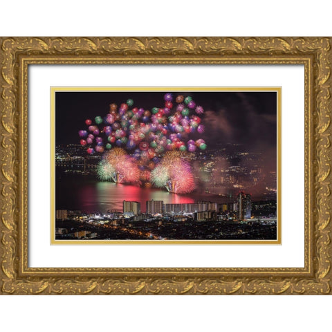 Lake Biwa Fireworks Gold Ornate Wood Framed Art Print with Double Matting by Ito, Tatsuki