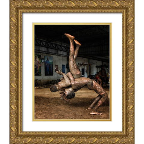 Indian Wrestling Gold Ornate Wood Framed Art Print with Double Matting by Grover, Manik