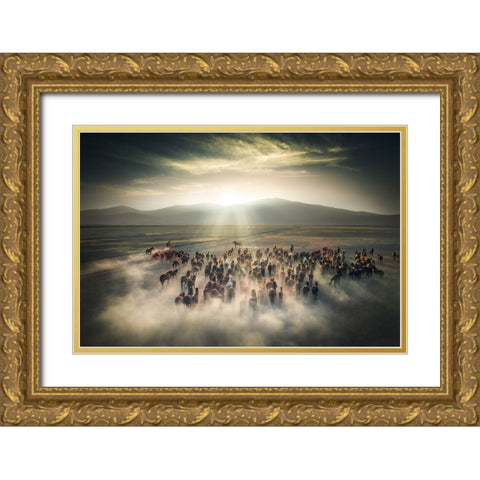 Wild Horses Gold Ornate Wood Framed Art Print with Double Matting by Cevik, Cuma
