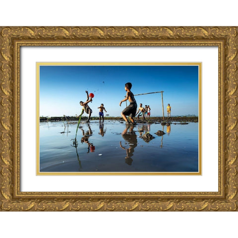 Play Football Gold Ornate Wood Framed Art Print with Double Matting by Puji Anggriawan, Prianto