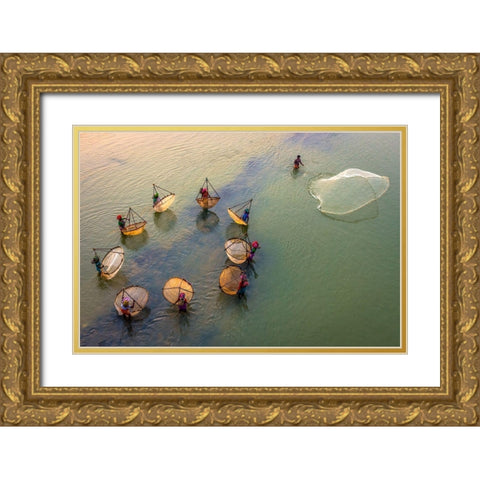 Fisher Women Catching Fishes Gold Ornate Wood Framed Art Print with Double Matting by Sirohiya, Saurabh