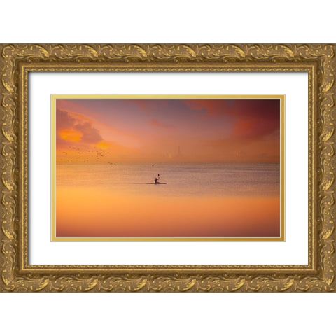 Albufera Kayaking At Sunset 7D17 Gold Ornate Wood Framed Art Print with Double Matting by joanaduenas