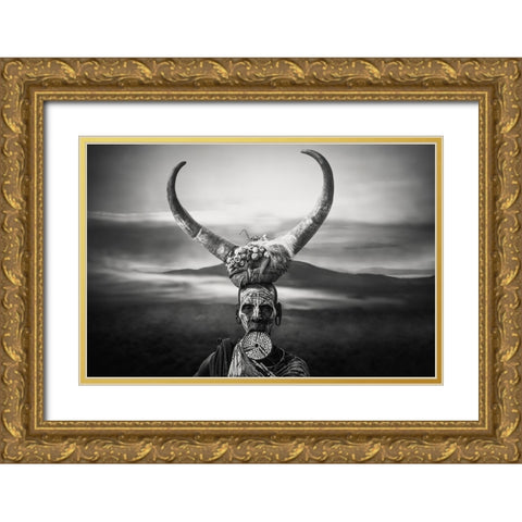 Horns Mursi Gold Ornate Wood Framed Art Print with Double Matting by Yosifov, Svetlin