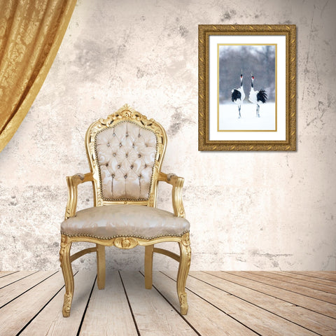 Tsuru (Crane)-Pair Gold Ornate Wood Framed Art Print with Double Matting by Uota, Katsu