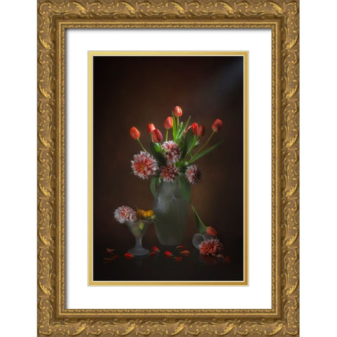 Orange Tulips And Dahlia Gold Ornate Wood Framed Art Print with Double Matting by Jacobs, Lydia