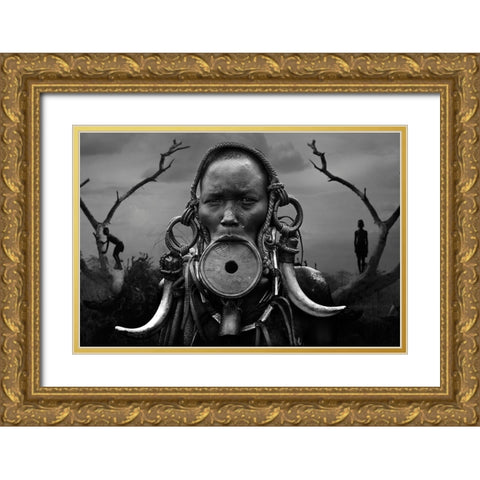 Portrait Woman Mursi Gold Ornate Wood Framed Art Print with Double Matting by Yosifov, Svetlin
