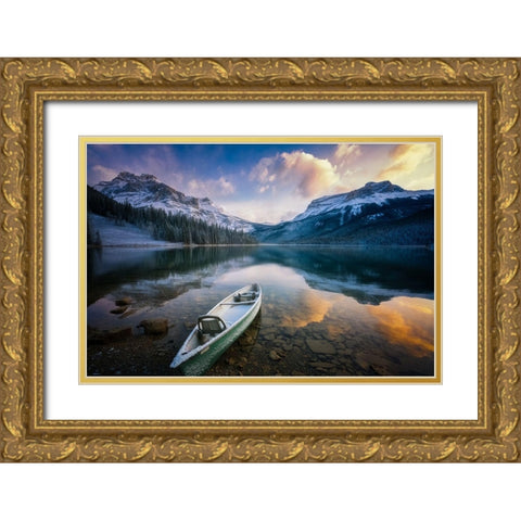 First Snow Emerald Lake Gold Ornate Wood Framed Art Print with Double Matting by Li, Yongnan