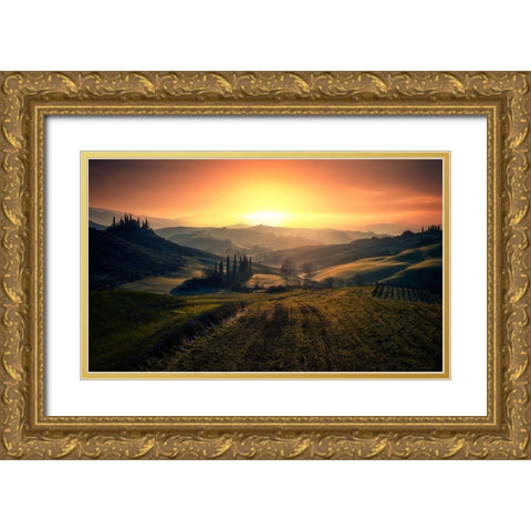 Val Dorcia In The Morning Gold Ornate Wood Framed Art Print with Double Matting by Massetti, Fabrizio