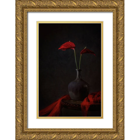 Tropical Anthurium Gold Ornate Wood Framed Art Print with Double Matting by Jacobs, Lydia